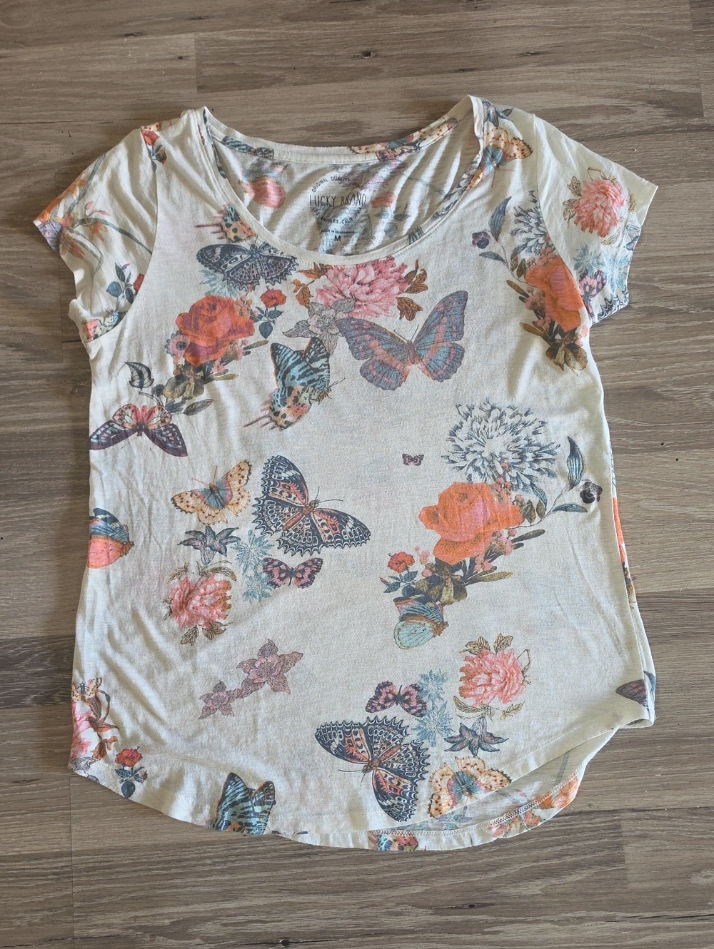 Lucky Brand Cream Scoop Neck Tee with Pink, Orange & Blue Floral Butterflies